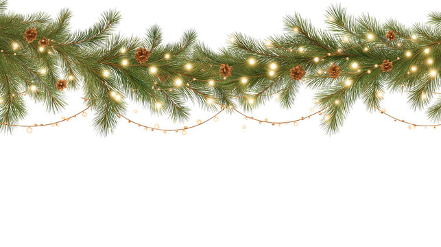 Illustration of Spruce Fir pine garland with pine cones and lit string lights, isolated on white or transparent background