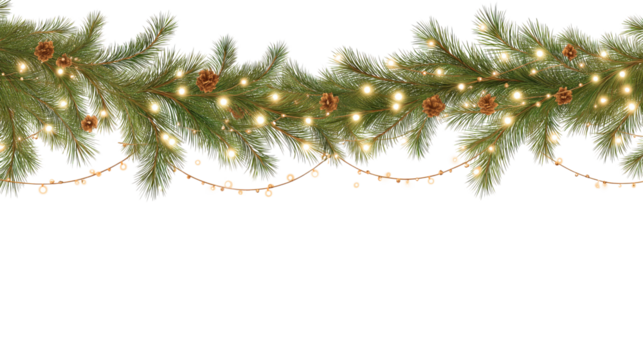 Illustration of Spruce Fir pine garland with pine cones and lit string lights, isolated on white or transparent background