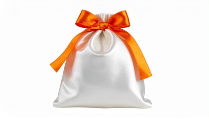 White Satin Gift Bag with Orange Ribbon Symbolizing Elegant Packaging and Editorial Styling for Celebratory Themes