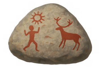 Prehistoric cave painting depicting hunter and deer on rock