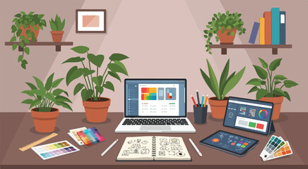 Graphic design workspace with laptop tablet and plants for creative professionals and designers