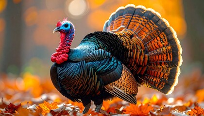 Wild Turkey in Autumn Forest Symbolizing Seasonal Wildlife and Editorial Styling for Thanksgiving Nature Themes