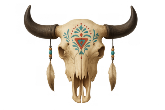 Bull skull with tribal feathers and painted patterns