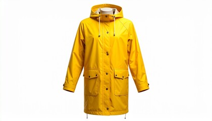Yellow Raincoat with Hood and Drawstrings Symbolizing Weather Protection and Editorial Styling for Functional Fashion