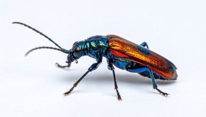 Vivid side profile of metallic beetle with red and blue body highlighting anatomical detail and color contrast