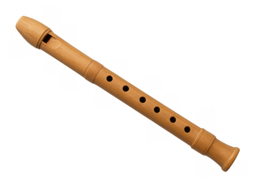 Wooden recorder flute wind instrument on transparent background
