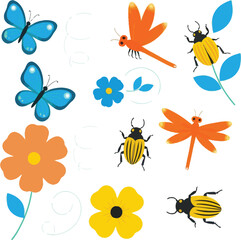 Fototapeta premium Collection of bright cartoon butterflies beetles dragonflies and flowers on white background