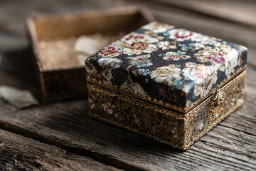 Opened gift box with beautiful lid on wooden table, top view. Space for text