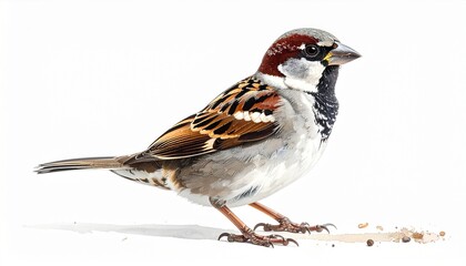 Side profile of house sparrow with detailed plumage against white background for bird identification and study