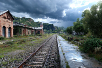 Fototapeta premium Cloudy sky over abandoned train station with overgrown tracks in a serene rural area