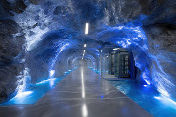 Underground data center illuminated with blue lights in a rocky cavern