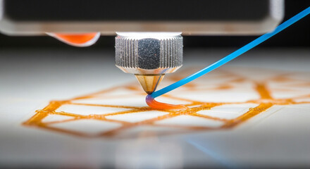 3D printer nozzle precisely laying down molten plastic, showcasing innovative technology and rapid prototyping process