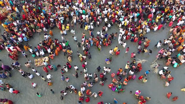 4K Drone Footage of Chhath Puja Festival in Bihar, India | Aerial View of Devotees Offering Prayers to the Sun on River Ganga Ghats