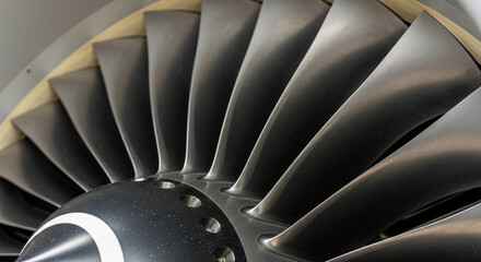 Close-up of a jet engine turbine with metallic blades showcasing engineering and industrial design elements