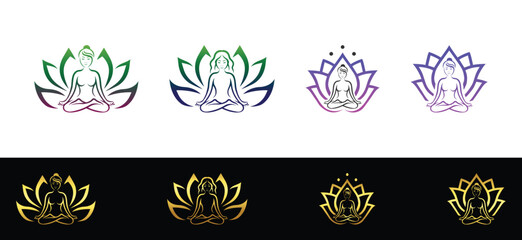 Woman meditating in lotus pose surrounded by lotus petals gradient colors and gold vector template