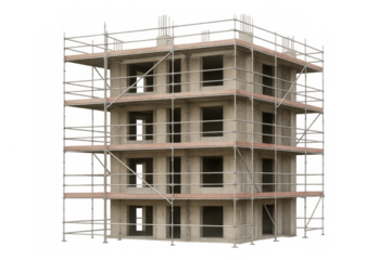 Building under construction with scaffolding, transparent background