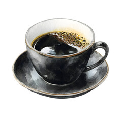 A steaming cup of black coffee with foam on a dark saucer isolated on transparent background