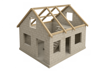 Unfinished house construction process with roof frame