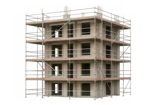 Building under construction with scaffolding, transparent background