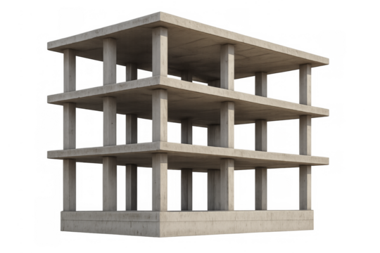 Unfinished concrete building frame construction on transparent background