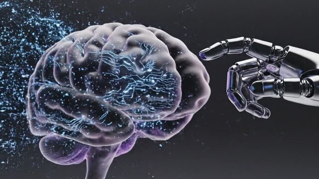 Conceptual illustration of a robotic hand touching a brain emitting sparks against a dark backdrop
