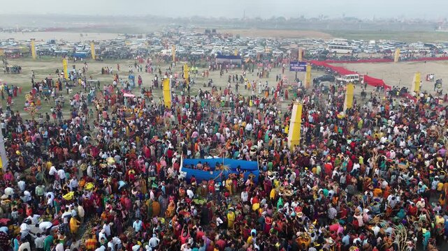 4K Drone Footage of Chhath Puja Festival in Bihar, India | Aerial View of Devotees Offering Prayers to the Sun on River Ganga Ghats