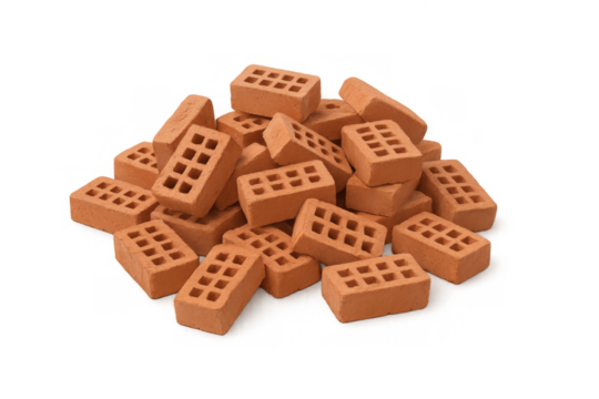 Stack of miniature building bricks on clear background