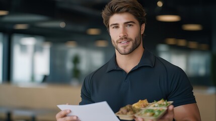 Athletic coach holding a weekly lineup of container meals in a modern gym office, explaining nutrition strategy to a trainee, representing professional diet coaching, meal prep for fitness goals,