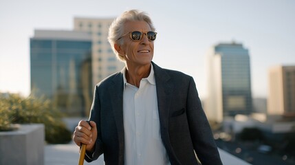 Senior man smiling while adjusting connected cane that detects ice patches, modern city in background — representing assistive technology, aging with independence, and safety in smart cities.