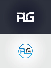 Vector template White P L G logo on dark blue and blue circle on light gray