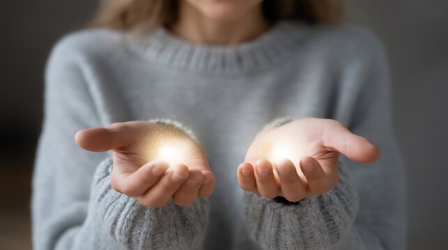 Close-up of a person&rsquo;s hands hovering over two symbolic glowing lights, palms open, emotion of focus and curiosity visible, symbolizing evaluating opportunities, important decisions, and conscious