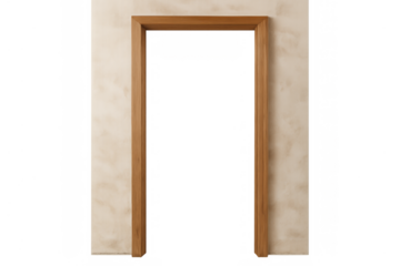 Wooden door frame on wall with transparent opening