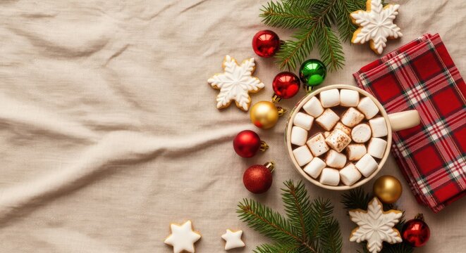Hot chocolate with marshmallows and christmas cookies - Powered by Adobe