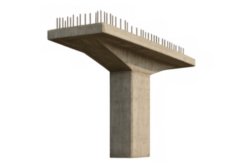 Concrete elevated highway pillar with rebar on transparent background