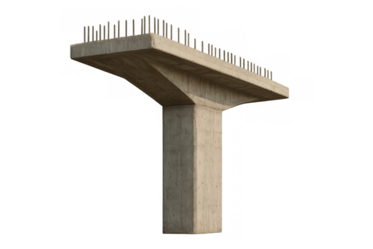 Concrete elevated highway pillar with rebar on transparent background