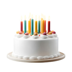 A white frosted birthday cake with colorful lit candles and sprinkles isolated on transparent background