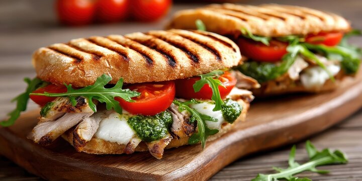 Grilled chicken panini with fresh tomatoes mozzarella pesto and arugula on a wooden board