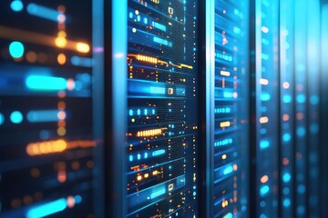 Naklejka premium Futuristic data center interior with glowing blue and orange lights symbolizing AI computing, cloud infrastructure, and digital systems, ideal for IT, data, and technology background use