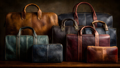 上品なカラーが並ぶレザーバッグのエレガントなディスプレイ