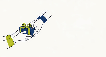 Hands exchanging a gift with a blue and green present  
