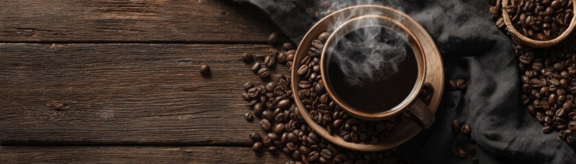 A cozy coffee scene featuring a steaming cup of coffee surrounded by roasted beans on a rustic wooden surface.