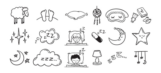 Hand drawn doodle Set of Sleep Related. Sleeping drawing icons © Yanka