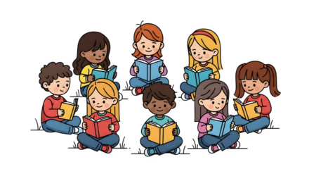 Diverse group of children happily reading books together outdoors