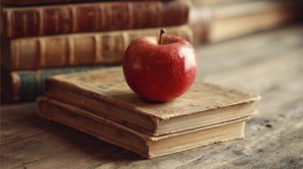 Red apple rests atop antique leather bound books on a weathered wooden table