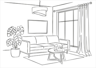 Living room graphic black white home interior sketch illustration vector	