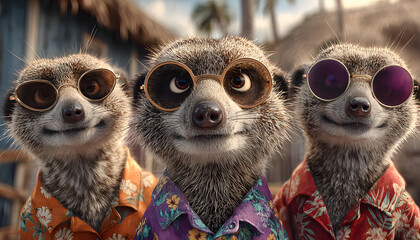 Three meerkats wearing sunglasses, Hawaiian shirts pose together. Look stylish, ready for vacation. Fun image of animals dressed for tropical summer. Great for advertising cards social media content.
