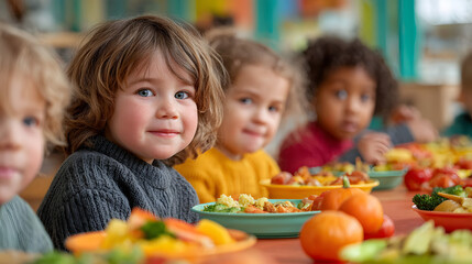 Happy Children Sharing Lunch at Preschool Table