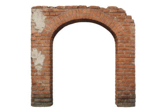 Old weathered brick arched entrance on transparent background