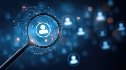 A digital magnifying glass hovers over a person icon, surrounded by connected nodes, symbolizing online search and networking.