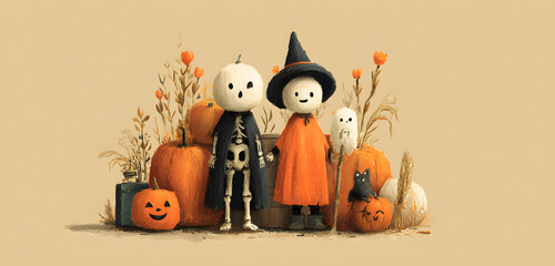 Cartoon Halloween characters including a ghost pumpkin skeleton and witch in a retro style perfect for holiday designs